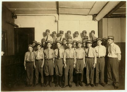 A typical group of messengers at Postal Telegraph Company's main office, 253 B'(road)way. During hot weather they wear these shirt waists. (A Suggestion for the other companies.) LOC nclc.03705