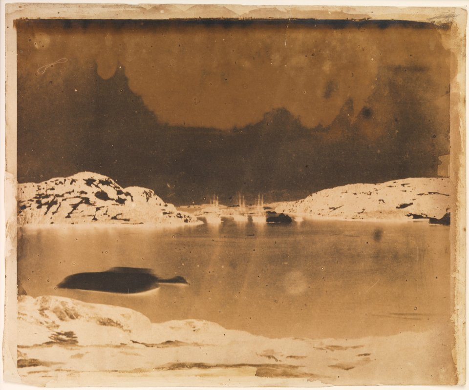 A view across a bay towards the Franklin search ships under Captain Belcher's command. RMG F6905-001