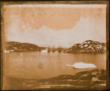 A view across a bay towards the Franklin search ships under Captain Belcher's command. RMG F6905-002