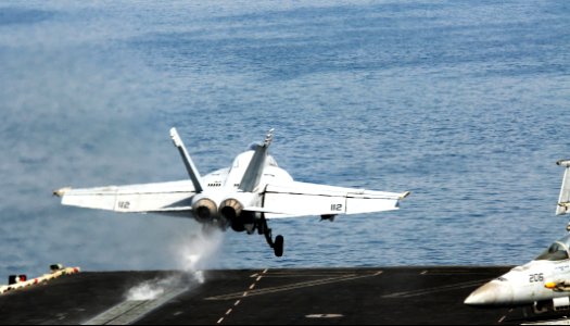 A U.S. Navy F-A-18E Super Hornet aircraft attached to Strike Fighter Squadron (VFA) 31 takes off from the aircraft carrier USS George H.W. Bush (CVN 77) in the Persian Gulf June 30, 2014 140630-N-CZ979-034