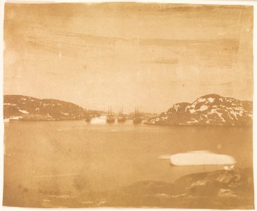 A view across a bay towards the Franklin search ships under Captain Belcher's command. RMG F6908