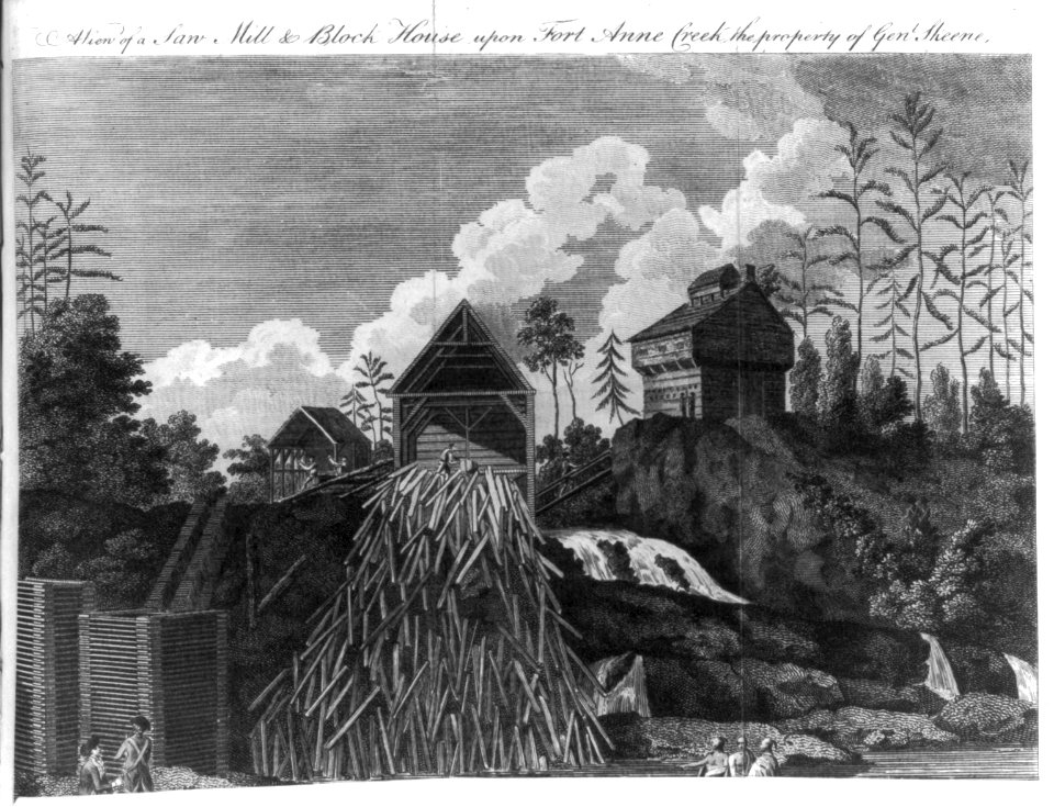 A view of the saw-mill & block house upon Fort Anne Creek, the property of Genl. Skeene, which on Genl. Burgoyne's army advancing, was set fire to, by the Americans LCCN2004670054