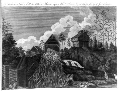 A view of the saw-mill & block house upon Fort Anne Creek, the property of Genl. Skeene, which on Genl. Burgoyne's army advancing, was set fire to, by the Americans LCCN2004670054