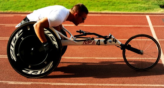 A wounded warrior prepares for a wheelchair race. (8200234386)