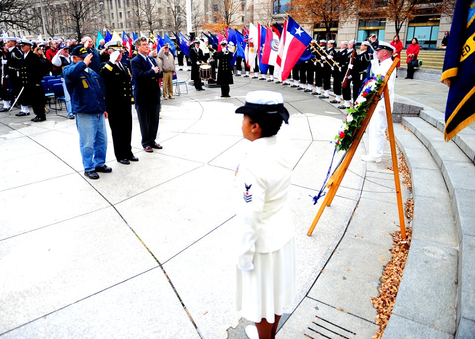 A wreath is presented at the Navy Memorial. (8263438461)