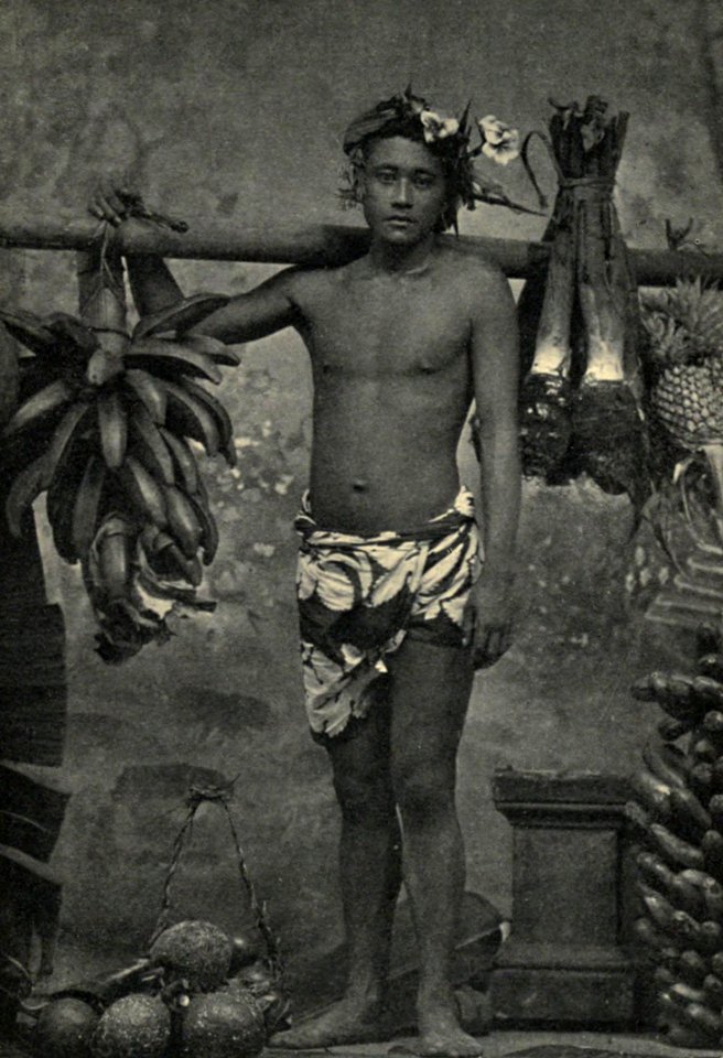 A Young Tahitian Male Hercules carrying fruit to markets, by Coulon