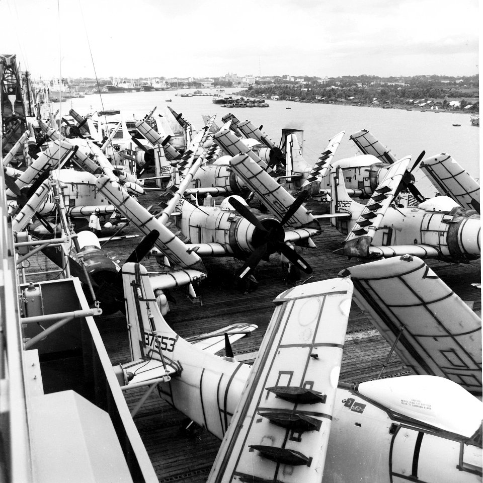 A-1 Skyraiders on USNS Core (T-AKV-41) at Saigon c1965