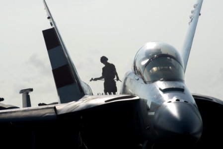 Sailor washes an E-A-18G Growler on USS John C. Stennis' flight deck during the Rim of the Pacific maritime exercise. (27817877304)