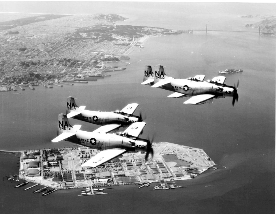 A-1H VA-196 in flight over Treasure Island CA c1958