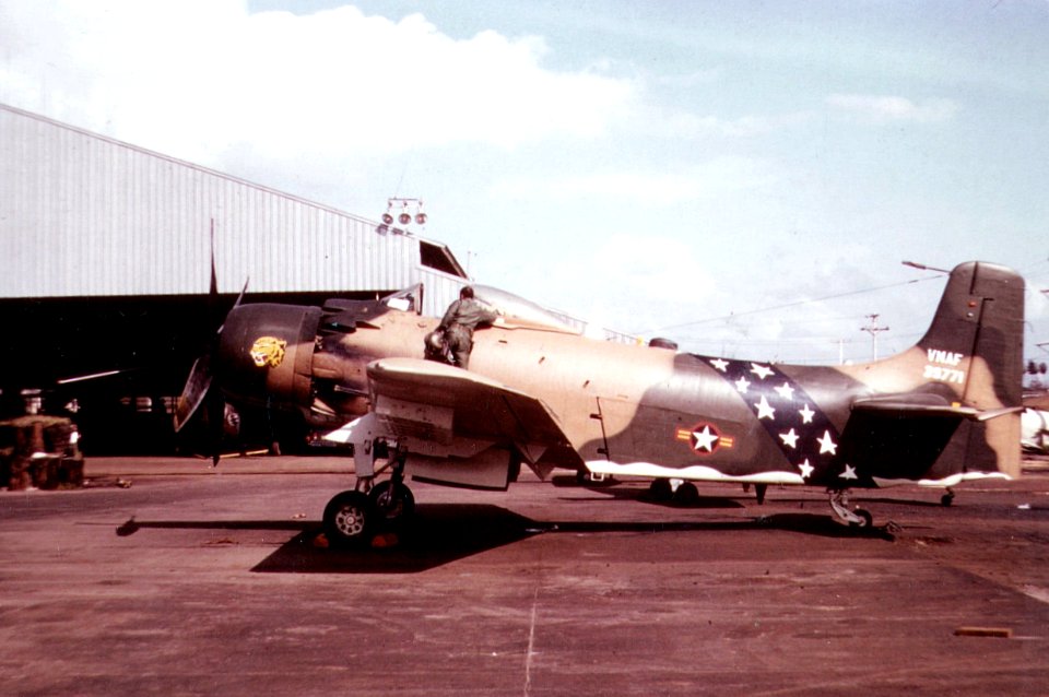 A-1H VNAF parked in front of hangar
