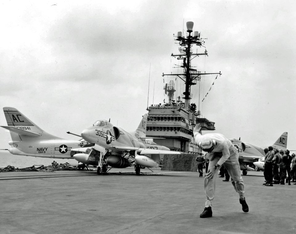 A-4B with Mk 7 bomb on cat USS Saratoga