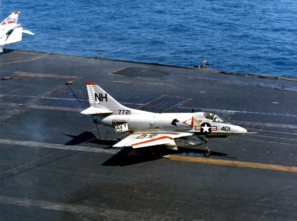 A-4C of VA-112 landing on USS Kitty Hawk (CVA-63) c1968