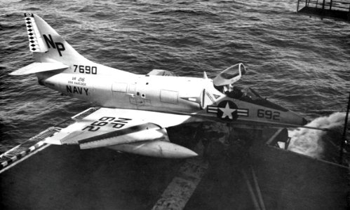 A-4C Skyhawk of VA-216 on elevator aboard USS Hancock (CVA-19), circa in 1966