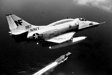 A-4E Skyhawk of VA-94 over USS Bon Homme Richard (CVA-31) in the Gulf of Tonkin in August 1969