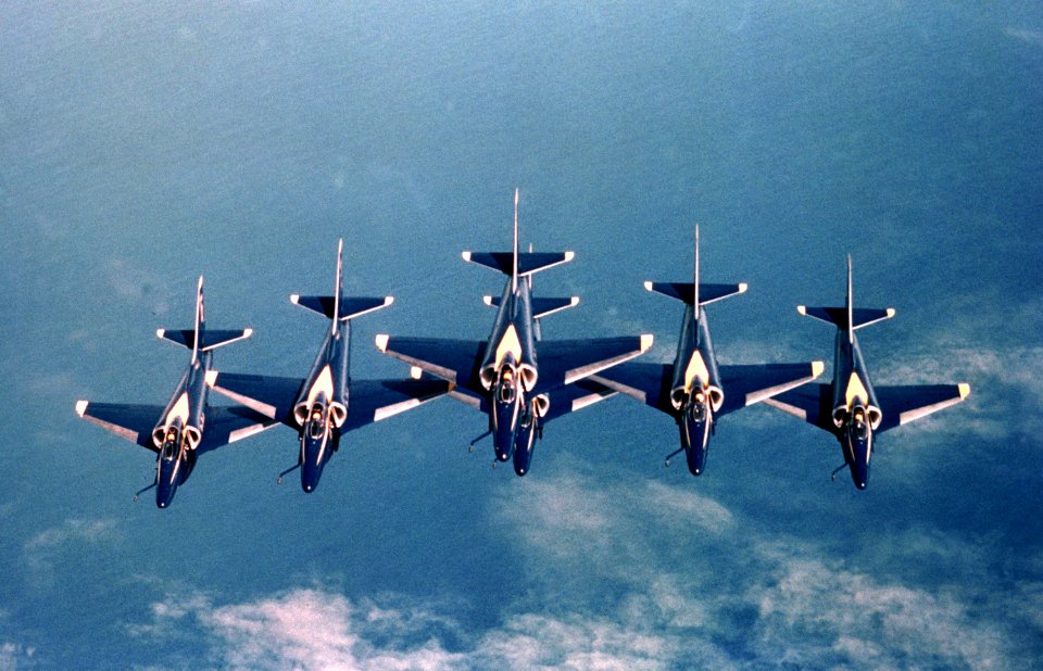 A-4F Blue Angels in flight head on 1984