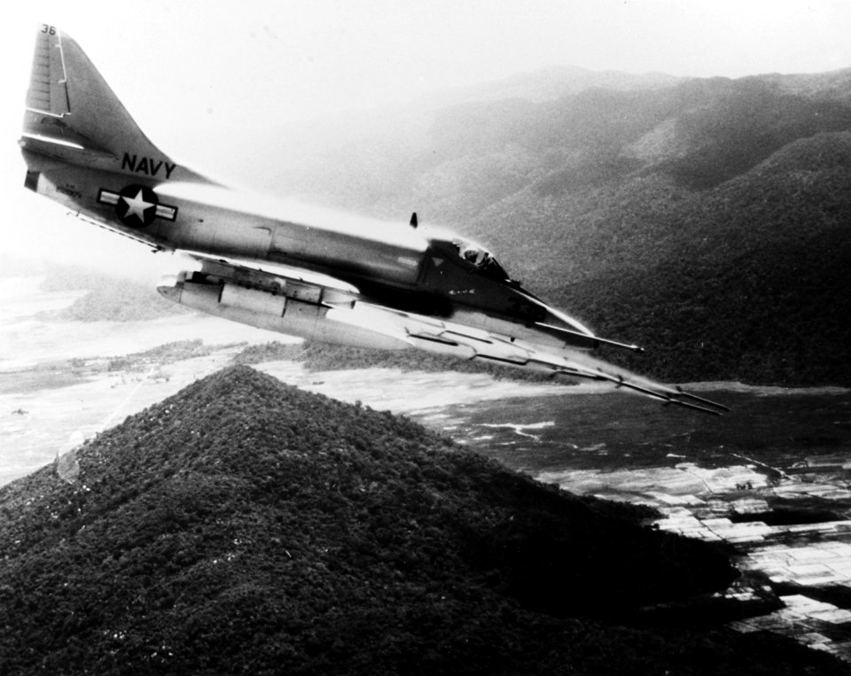A-4E Skyhawk of VA-23 fires rockets over Vietnam in 1965