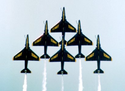 A-4Fs Blue Angels delta formation undersides 1984