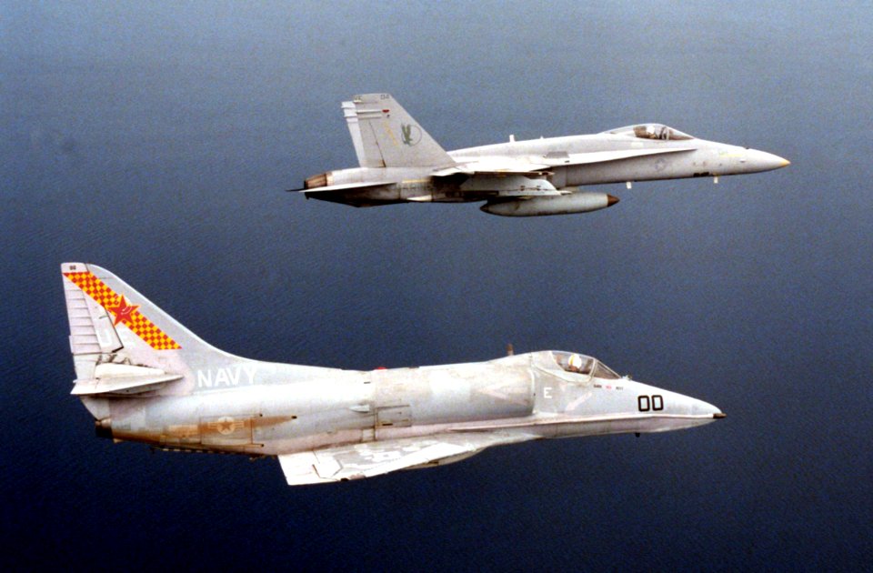 A-4E VC-5 and F-18A VMFA-115 in flight 1989