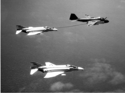 A-6A of VA-65 refuels two VF-151 F-4Bs over Gulf of Tonkin 1966