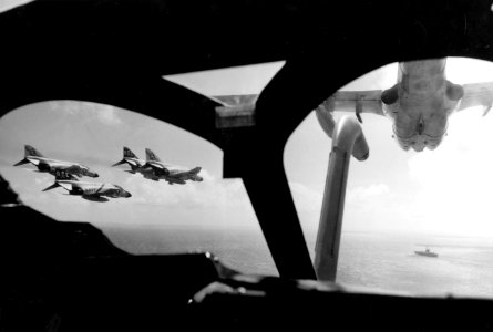 A-6A Intruders of VA-176 and F-4J Phantoms of VF-41 and VF-84 in flight off Puerto Rico in the early 1970s