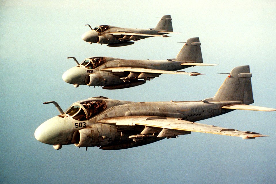A-6E Intruders of Attack Squadron 34 in flight over the Mediterranean Sea on 1 April 1988 (6429937)