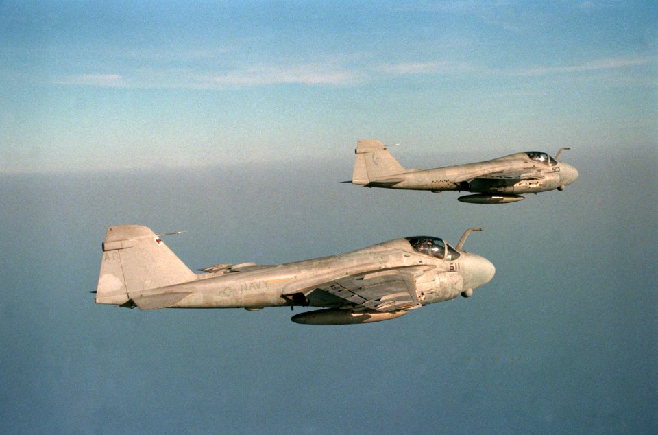 A-6E Intruders of Attack Squadron 34 in flight over the Mediterranean Sea on 1 June 1988 (6430215)