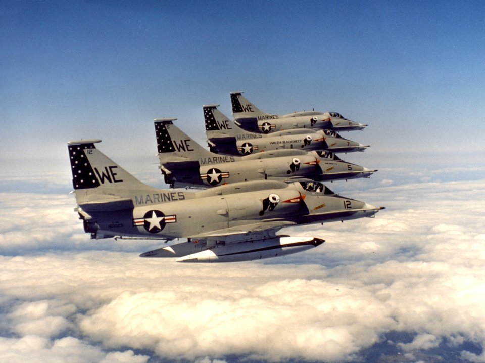 A-4M Skyhawks of VMA-214 in flight in the 1970s