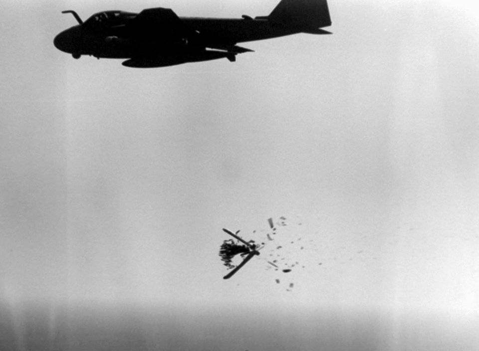 A-6E of VA-85 drops CBU-59 cluster bomb on Iranian target 1988