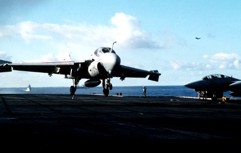 A-6E of VA-85 landing on USS America (CV-66) in 1991