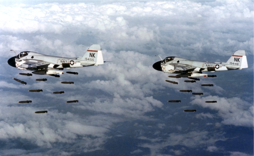 A-6A Intruders of VA-196 dropping Mk 82 bombs over Vietnam on 20 December 1968 (NNAM.1996.253.7047.013)