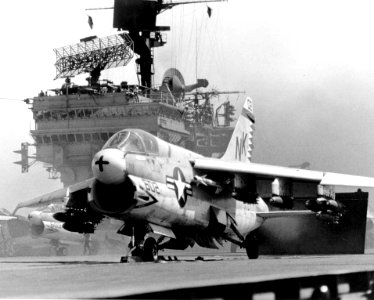 A-7A Corsair II of VA-27 about to launch from USS Constellation (CVA-64) in the Gulf of Tonkin on 27 August 1968 (NNAM.1996.253.7075.035)