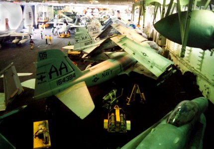 A-6Es VA-75 in hangar of USS Enterprise (CVN-65) 1996