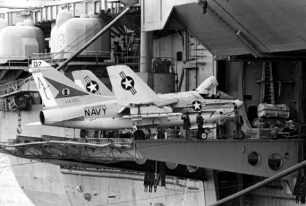 A-7A VA-105 on USS Saratoga (CVA-60) elevator 1972