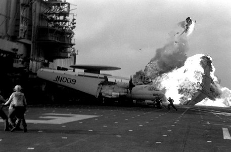 A-7E Corsair bursts into flames aboard USS Midway (CV-41)
