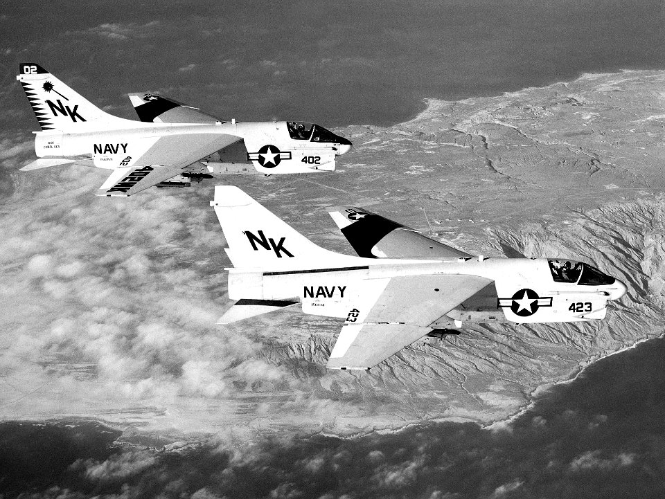 A-7E Corsair IIs of VA-27 in flight over the southern California coast on 1 October 1979 (6408645)
