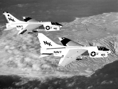 A-7E Corsair IIs of VA-27 in flight over the southern California coast on 1 October 1979 (6408645)