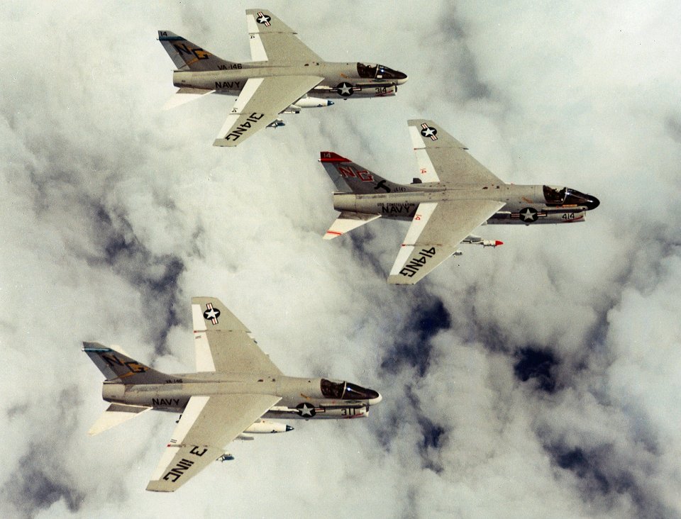 A-7E Corsair IIs of VA-146 and VA-147 in flight on 28 February 1977 (NNAM.1996.253.7101)