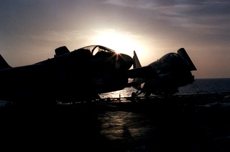A-7E Corsair IIs of VA-27 parked aboard USS Coral Sea (CV-43) in the Indian Ocean, on 4 June 1980 (6393055)