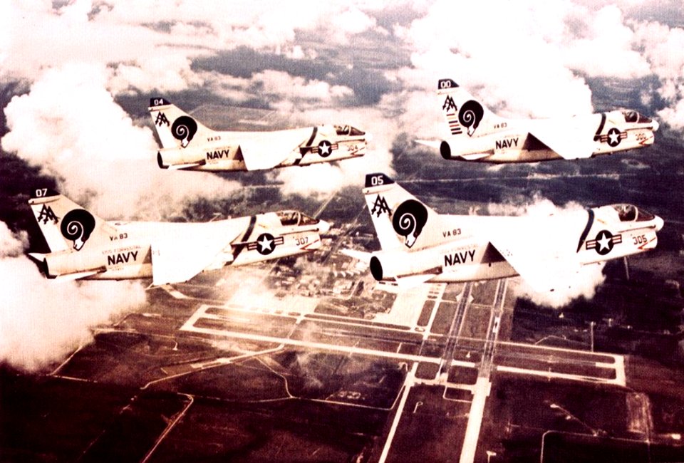 A-7E Corsairs of VA-83 in flight over NAS Cecil Field c1972