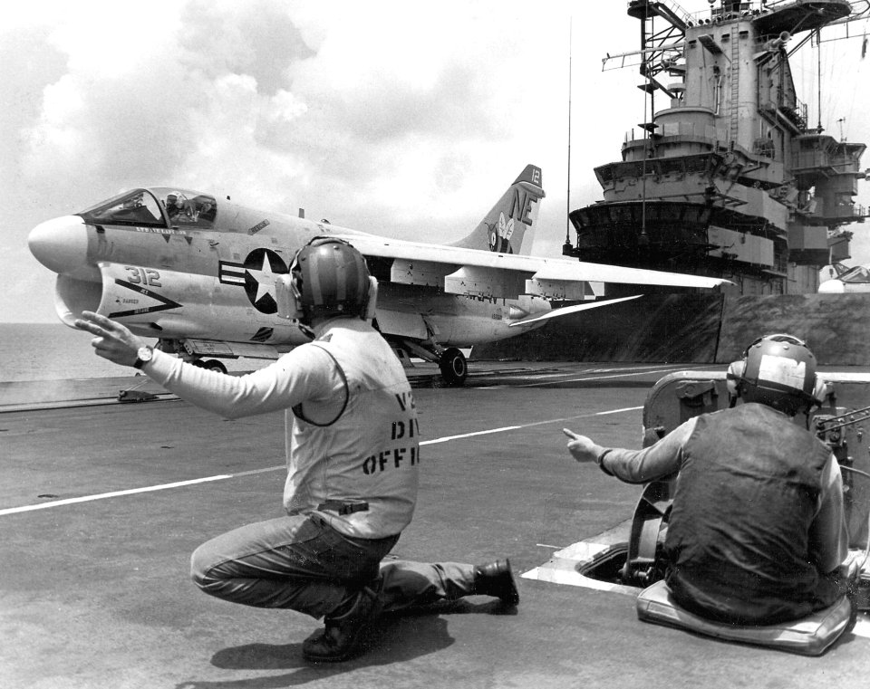 A-7E VA-113 on cat of USS Lexington (CVT-16) c1971
