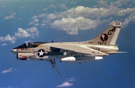 A-7E VA-12 in flight with extended speed brake 1978