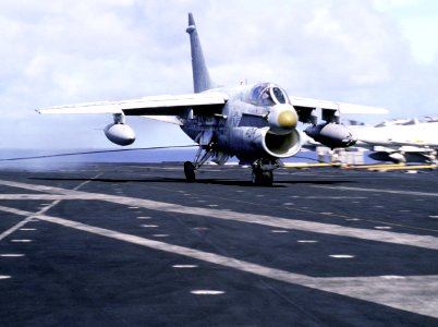 A-7E Corsair II of VA-147 landing aboard USS Kitty Hawk (CV-63), in 1987 (6423947)