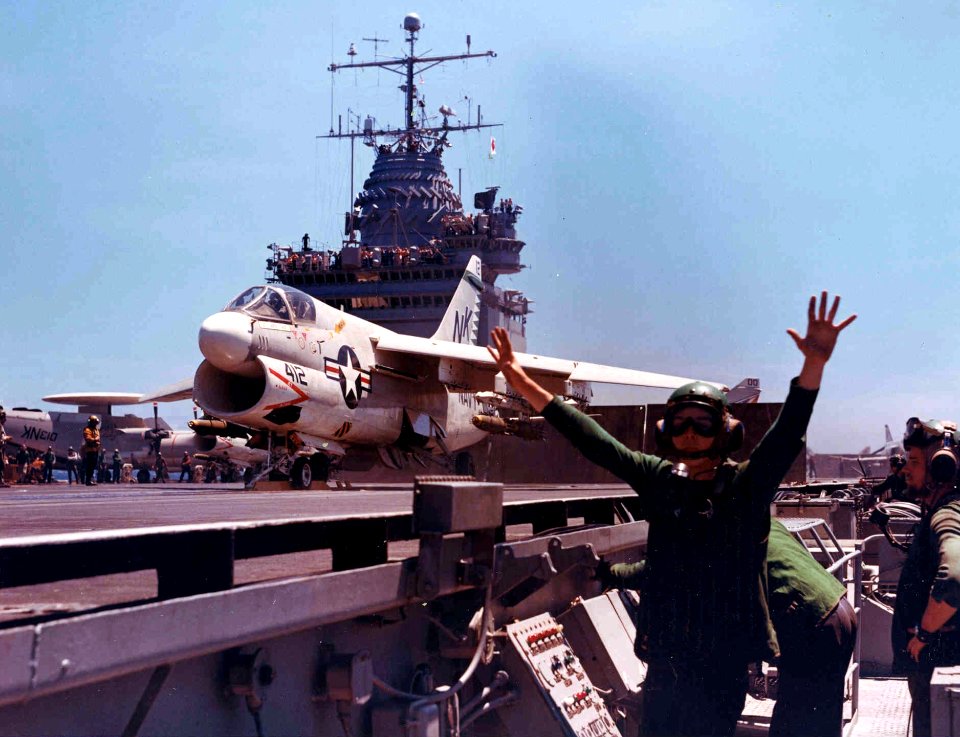 A-7E VA-27 on cat CVAN-65 early 1970s