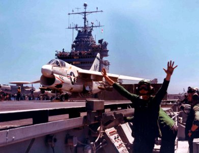 A-7E VA-27 on cat CVAN-65 early 1970s