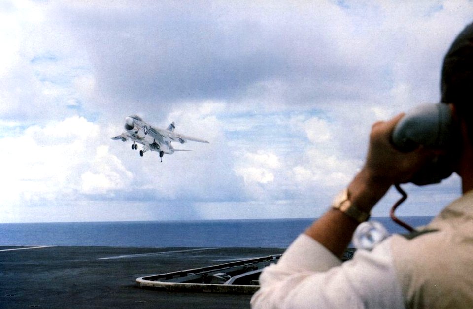 A-7E Corsair II of VA-27 lands aboard USS Enterprise (CVN-65), in 1978