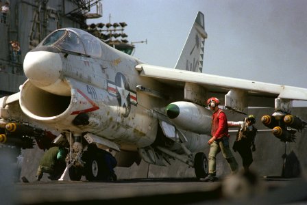 A-7E VA-27 on cat USS Coral Sea (CV-43) 1980