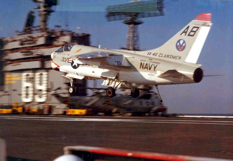 A-7E VA-46 making first landing in CVN-69 1977