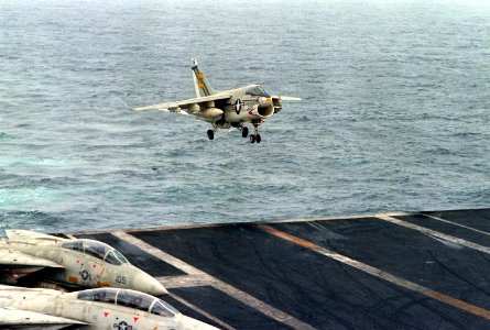 A-7E VA-66 landing on USS Eisenhower (CVN-69) 1980
