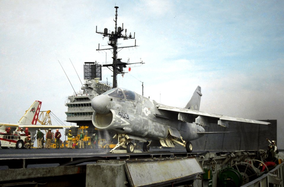 A-7E VA-81 on cat USS Saratoga (CV-60) 1986
