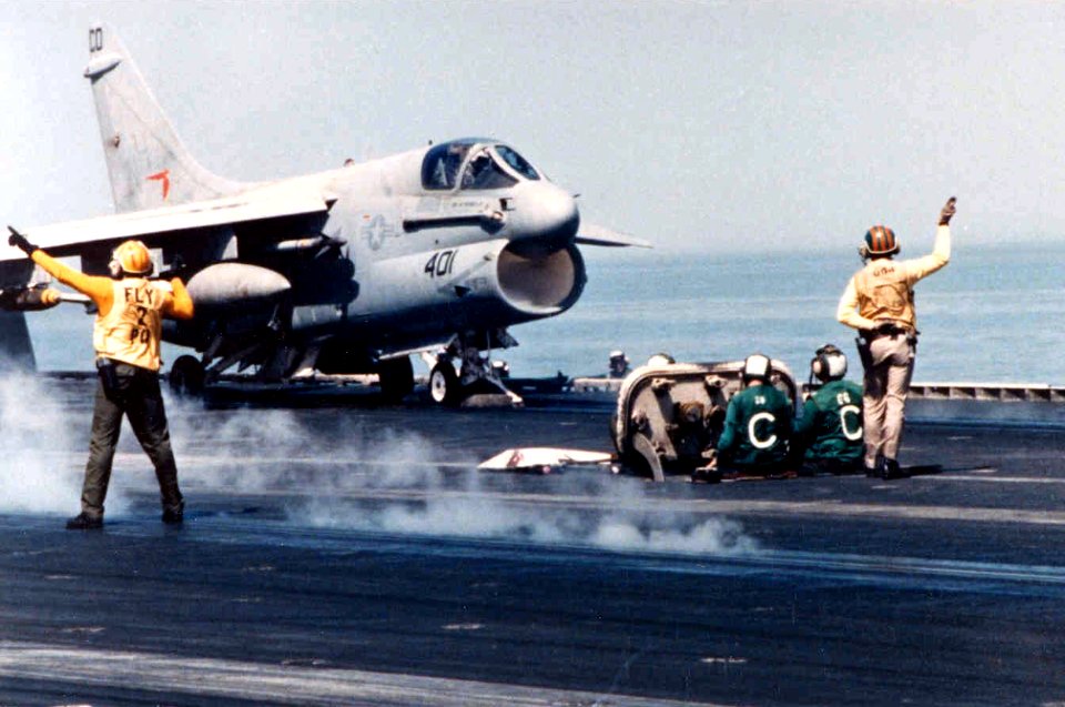 A-7E VA-94 on cat of USS Enterprise (CVN-65) 1988